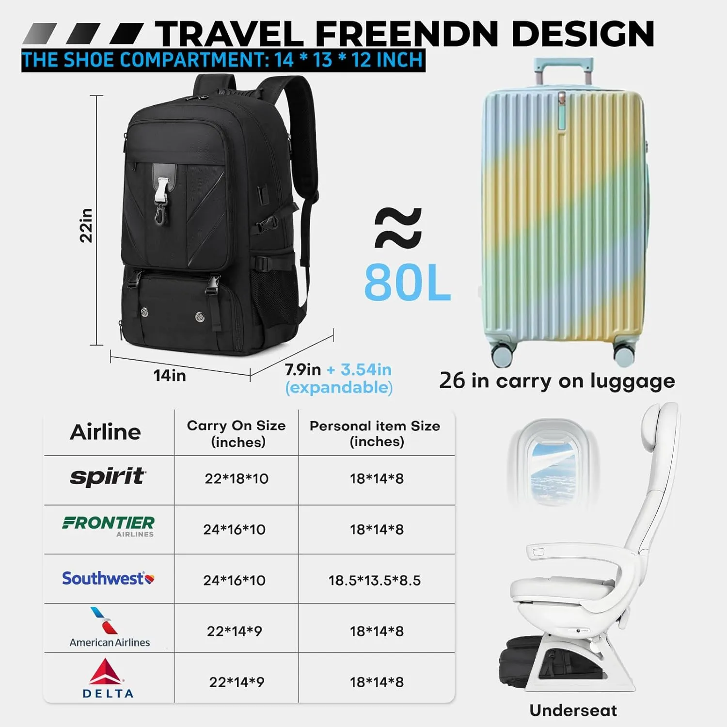 18.4 Inch Large Travel Backpack with Shoe Compartment,80L Water Resistant Anti Theft Backpacks with USB Charging Port,Carry on Flight Approved Laptop Bag Multiple Compartments,for Men Women