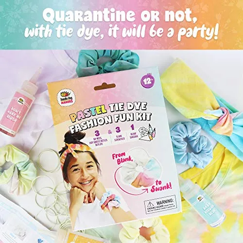 3 Pack Scrunchies Tie Dye Kit (Pastel Tye Die Kits) has 3 soft colors in easy-squeeze bottles, 3 blank scrunchies, 1 blank bandana, rubber bands, and dye guide for endless DIY fashion possibilities