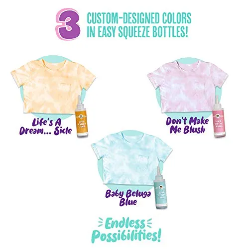 3 Pack Scrunchies Tie Dye Kit (Pastel Tye Die Kits) has 3 soft colors in easy-squeeze bottles, 3 blank scrunchies, 1 blank bandana, rubber bands, and dye guide for endless DIY fashion possibilities