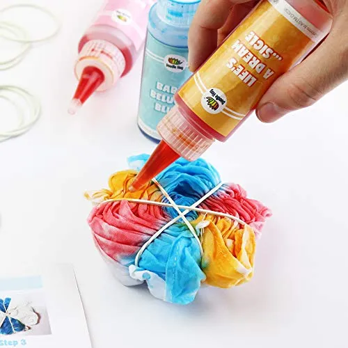 3 Pack Scrunchies Tie Dye Kit (Pastel Tye Die Kits) has 3 soft colors in easy-squeeze bottles, 3 blank scrunchies, 1 blank bandana, rubber bands, and dye guide for endless DIY fashion possibilities
