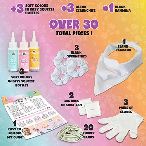 3 Pack Scrunchies Tie Dye Kit (Pastel Tye Die Kits) has 3 soft colors in easy-squeeze bottles, 3 blank scrunchies, 1 blank bandana, rubber bands, and dye guide for endless DIY fashion possibilities