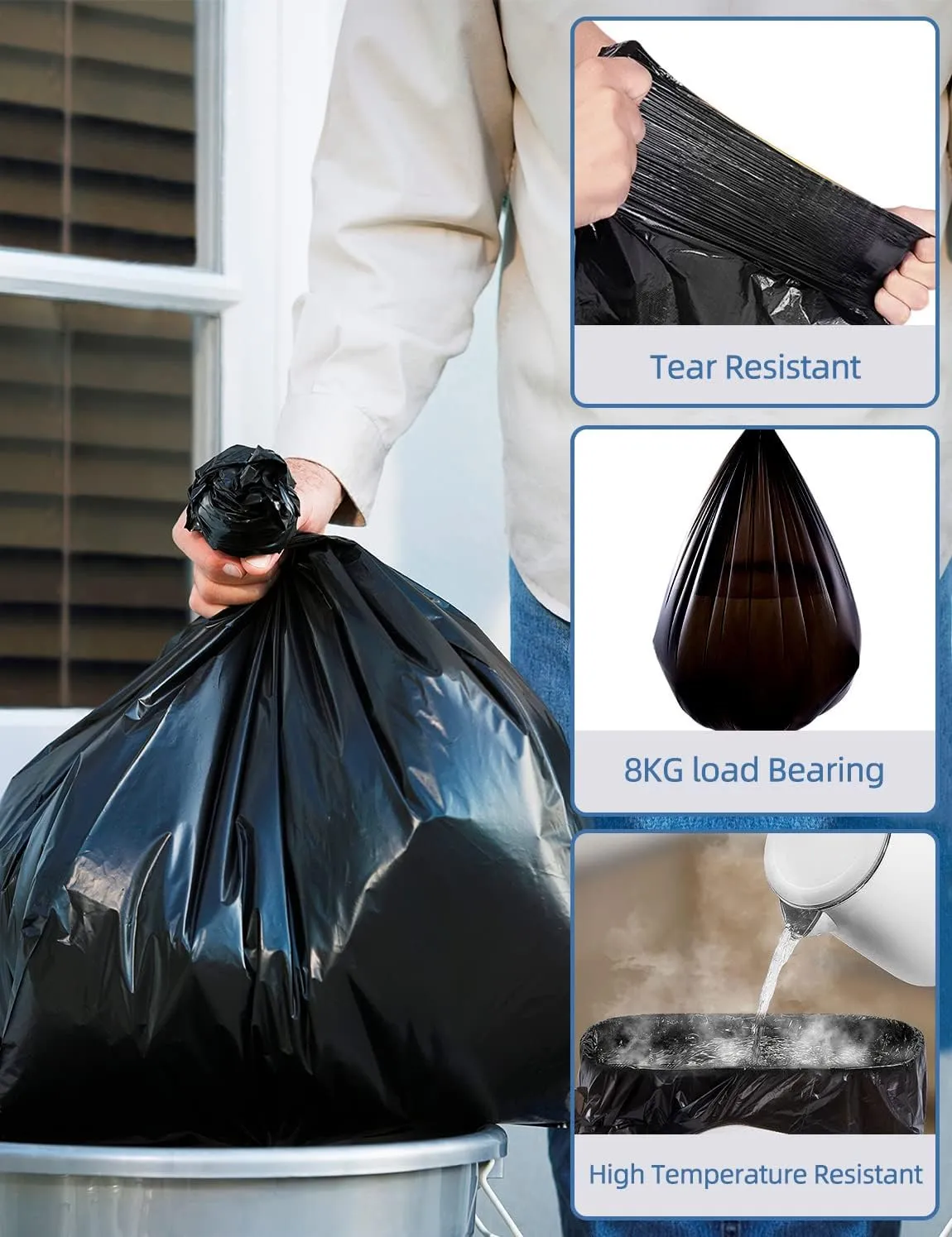 8 Gallon Trash Bags, 40 Counts, Flag Garbage Bags with No Flaps and No Ties, 55 * 65cm, 7g/pcs,Unscented, Black