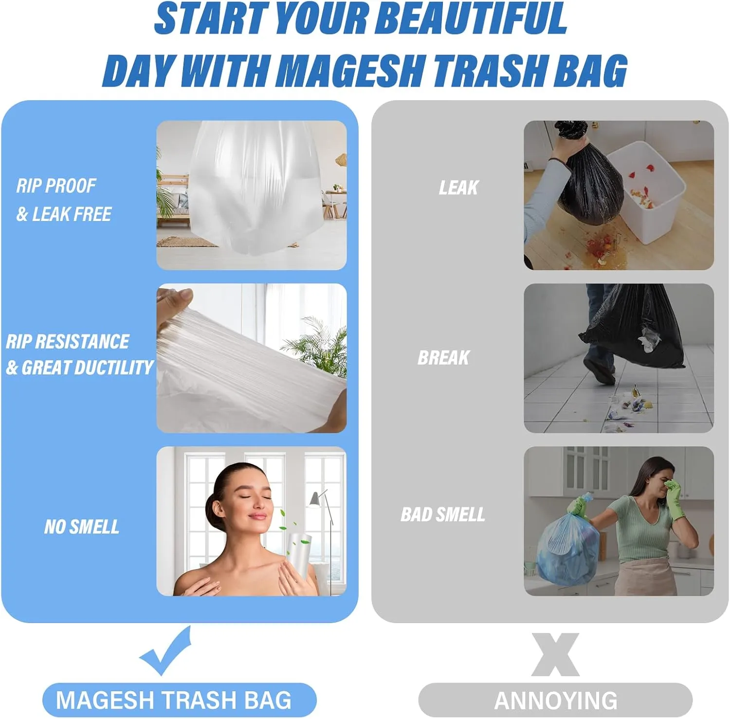 8 Gallon Trash Bags Strong, Magesh Small Trash Bags 6-8 Gallon 85 Count, Medium Garbage Bags Unscented, Leakage-Free for Bathroom Kitchen Office Trash Can, Clear, 30L
