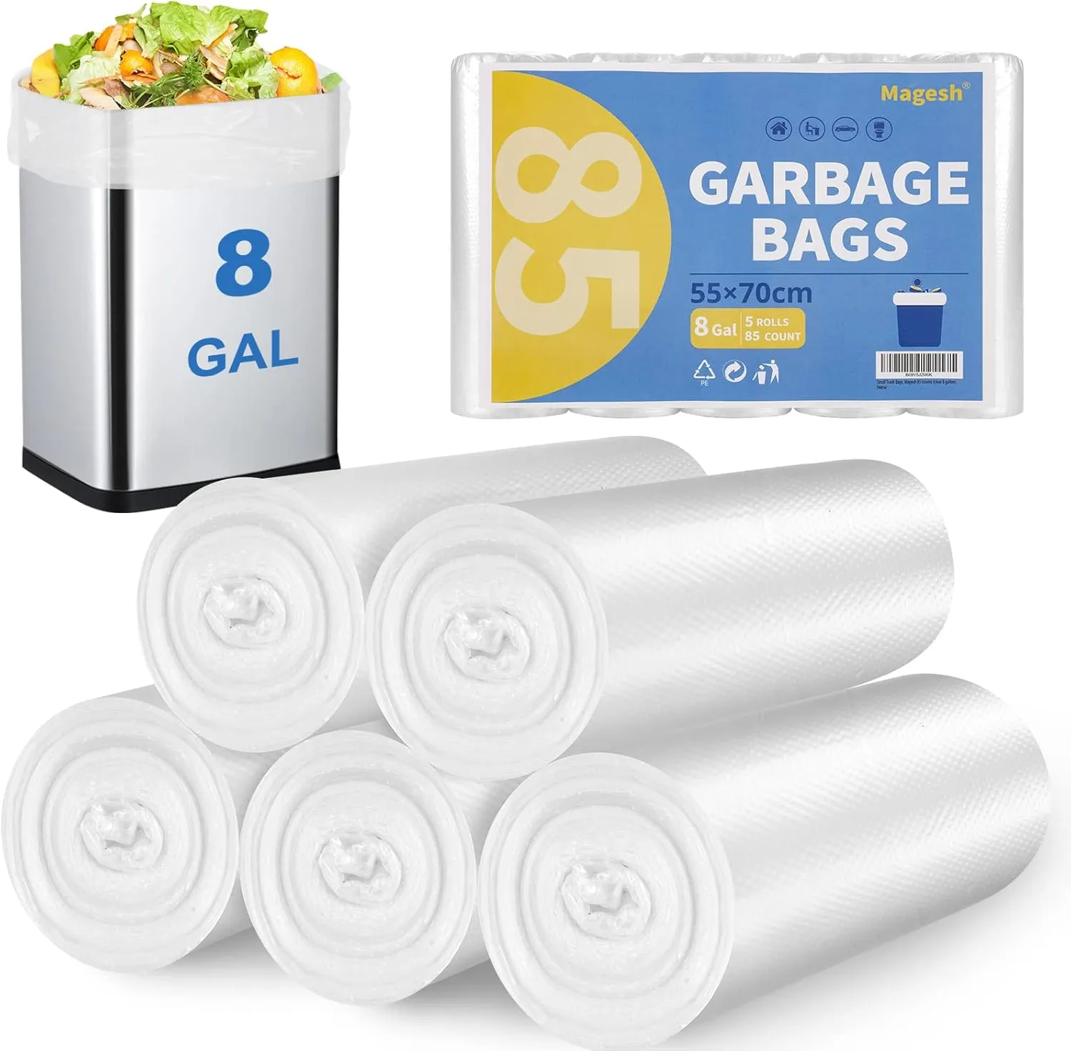 8 Gallon Trash Bags Strong, Magesh Small Trash Bags 6-8 Gallon 85 Count, Medium Garbage Bags Unscented, Leakage-Free for Bathroom Kitchen Office Trash Can, Clear, 30L