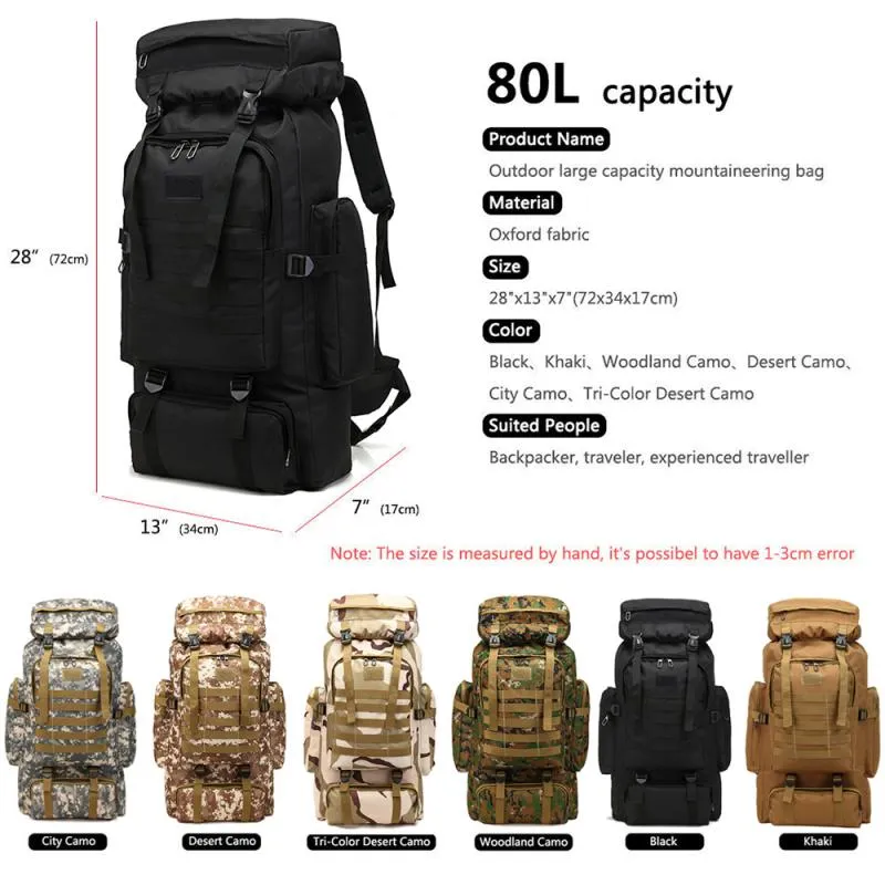 80L Oxford Fabric Military Tactical Army Backpack Rucksack Camping