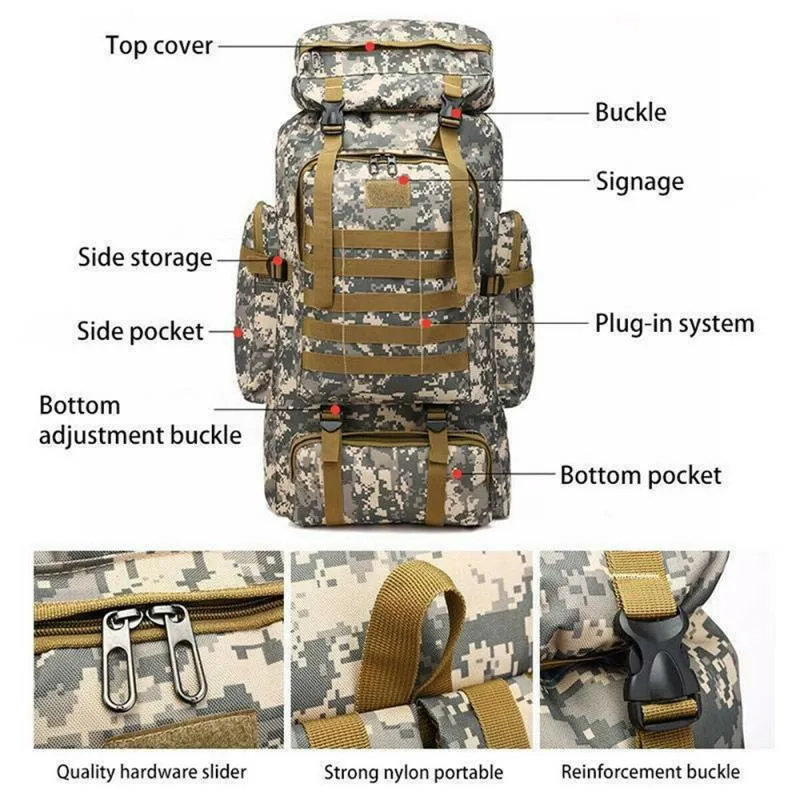 80L Oxford Fabric Military Tactical Army Backpack Rucksack Camping