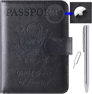 Airtag Passport Holder Cover Wallet Travel Essentials Leather Rfid Blocking Case Vacation Luggage Must Haves Travel Accessories for Men Women (117#Black)