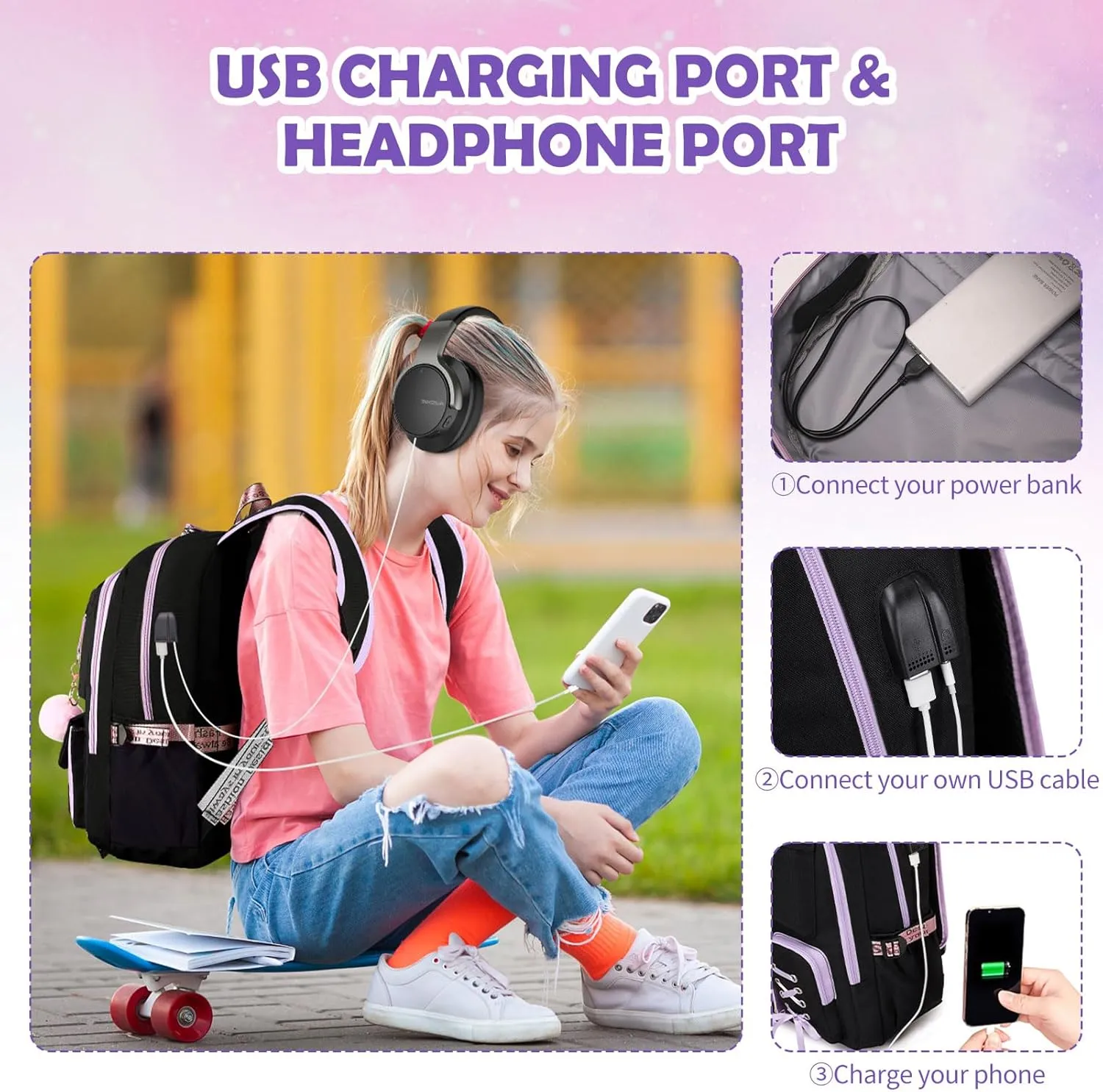 Backpacks for Girls, Girls Backpack with Lunch Box and Pencil Case for Teen Kids Elementary Middle High School College Student, Children Backpack Bookbag with USB Charging Port (Black Purple)
