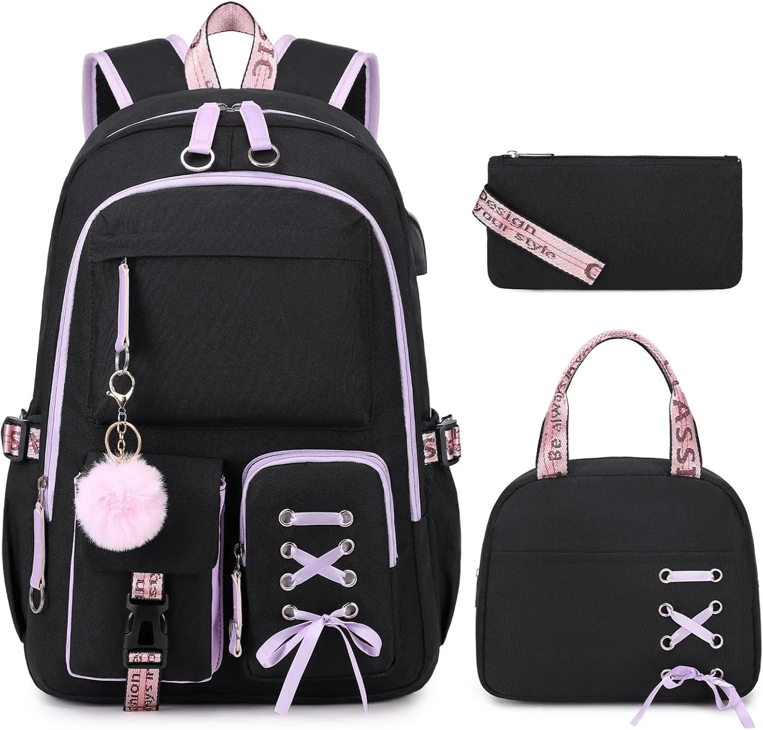 Backpacks for Girls, Girls Backpack with Lunch Box and Pencil Case for Teen Kids Elementary Middle High School College Student, Children Backpack Bookbag with USB Charging Port (Black Purple)