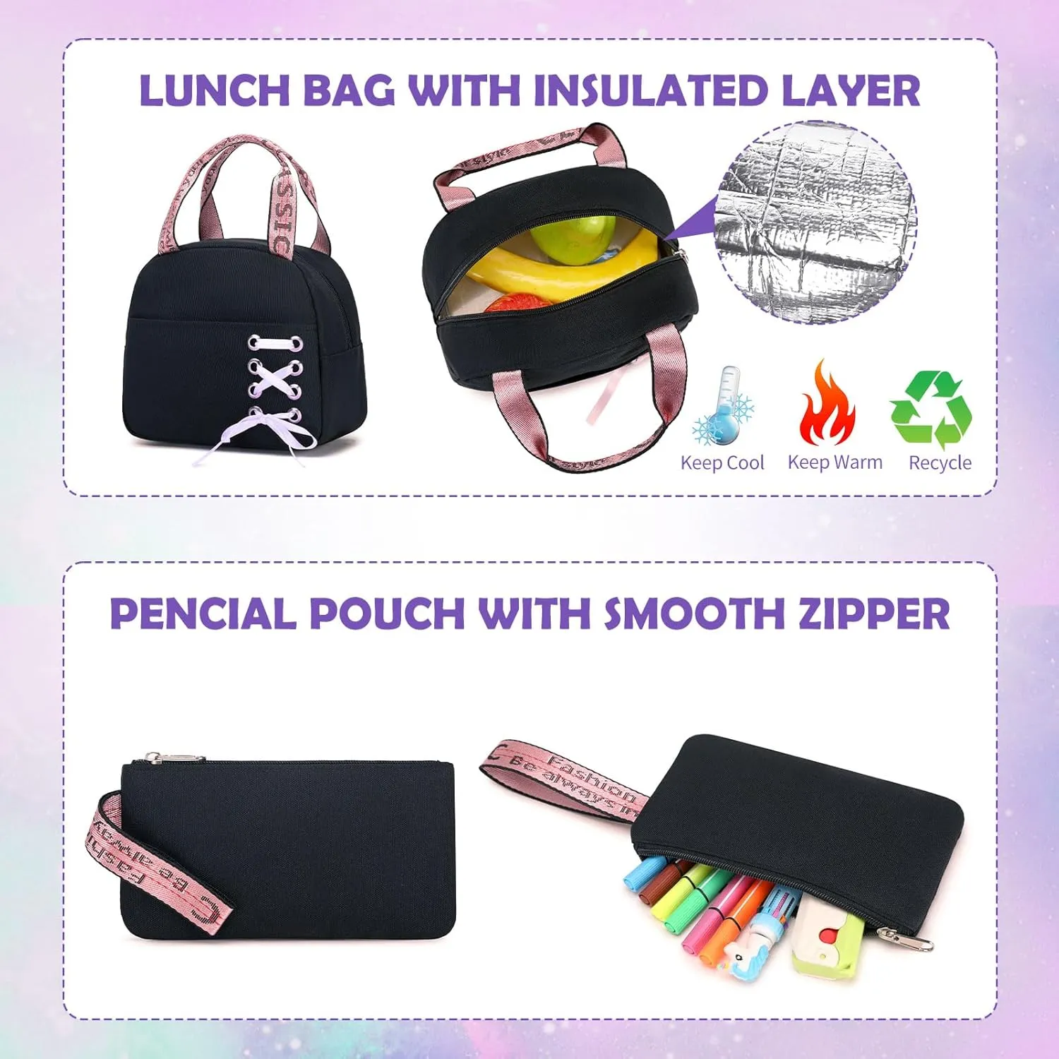 Backpacks for Girls, Girls Backpack with Lunch Box and Pencil Case for Teen Kids Elementary Middle High School College Student, Children Backpack Bookbag with USB Charging Port (Black Purple)