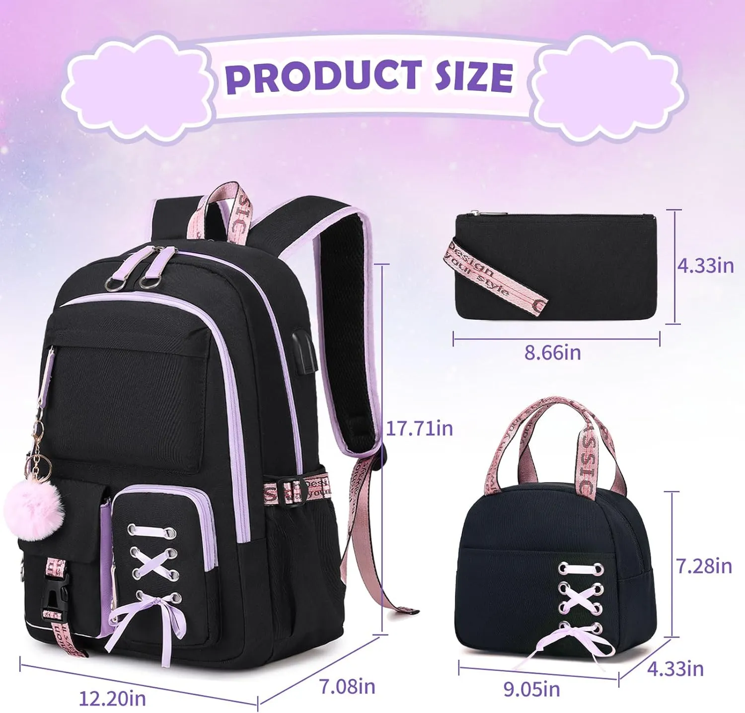 Backpacks for Girls, Girls Backpack with Lunch Box and Pencil Case for Teen Kids Elementary Middle High School College Student, Children Backpack Bookbag with USB Charging Port (Black Purple)
