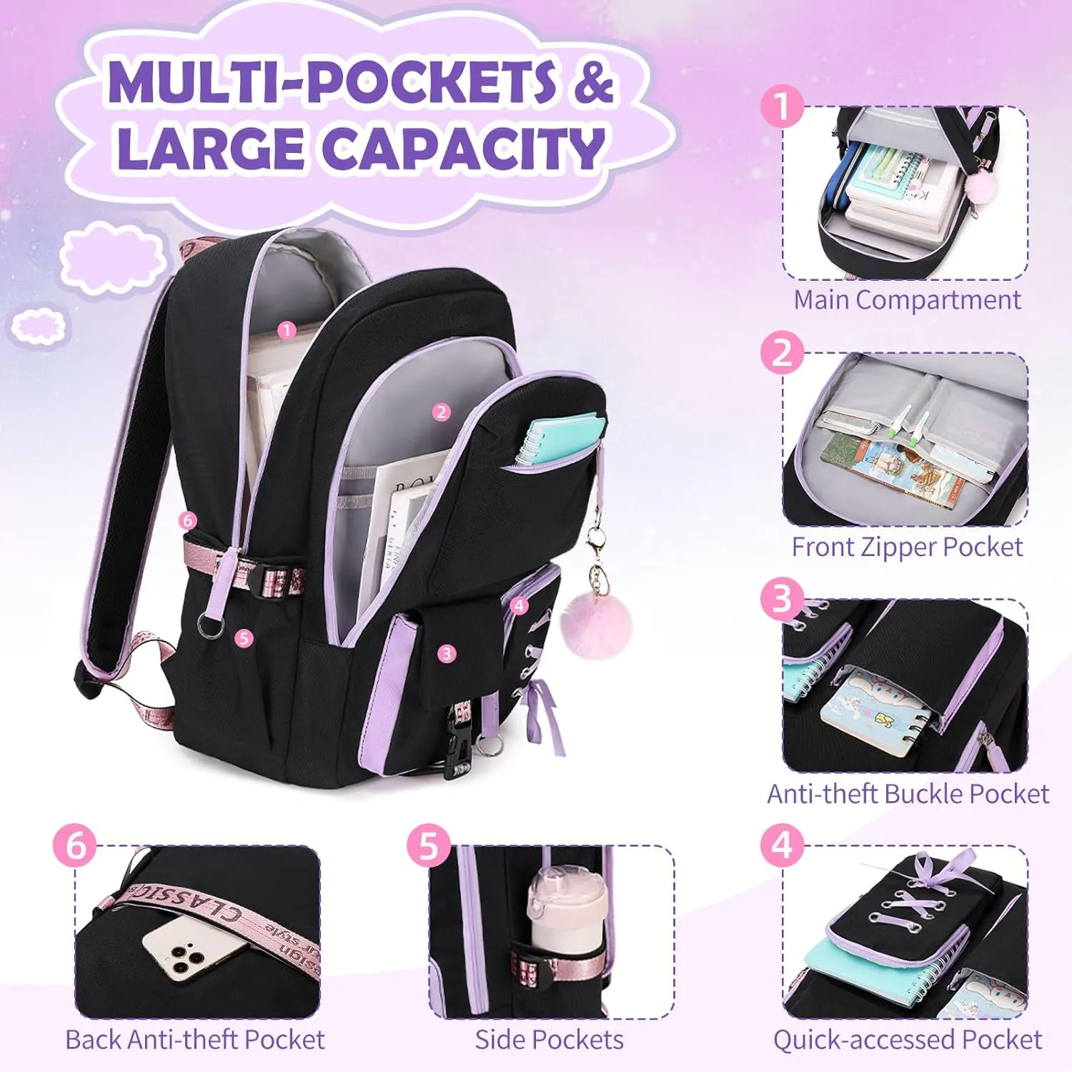 Backpacks for Girls, Girls Backpack with Lunch Box and Pencil Case for Teen Kids Elementary Middle High School College Student, Children Backpack Bookbag with USB Charging Port (Black Purple)