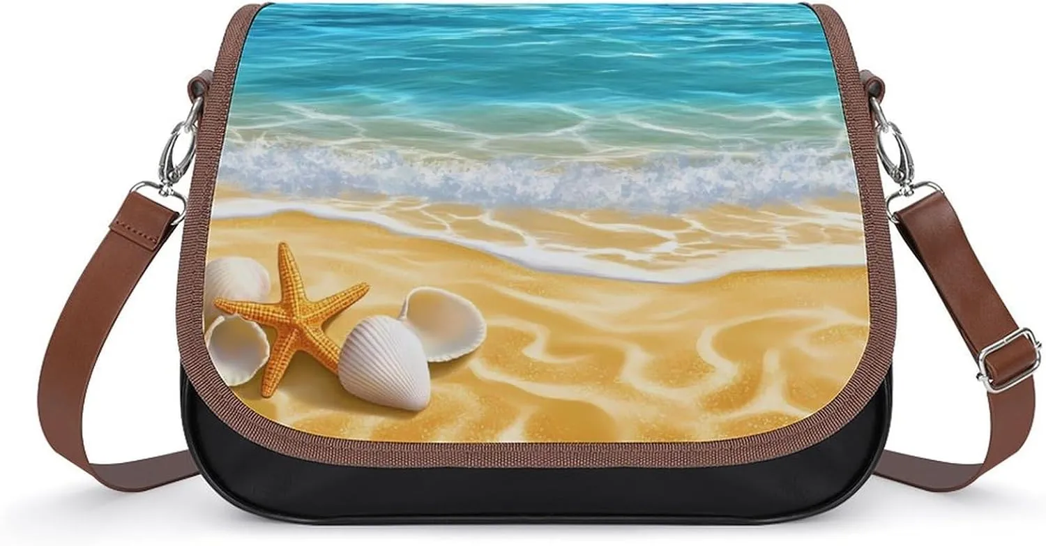 Beautiful Beach Scene Seashell Women's Shoulder Handbags Leather Crossbody Bags Soft Waterproof Tote Bag with Detachable Strap