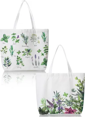 Bencailor 2 Pcs Floral Canvas Tote Bags Aesthetic Wildflower Herbs Plant Theme Reusable Grocery Bag for Women Gardening Gifts(Herbs)