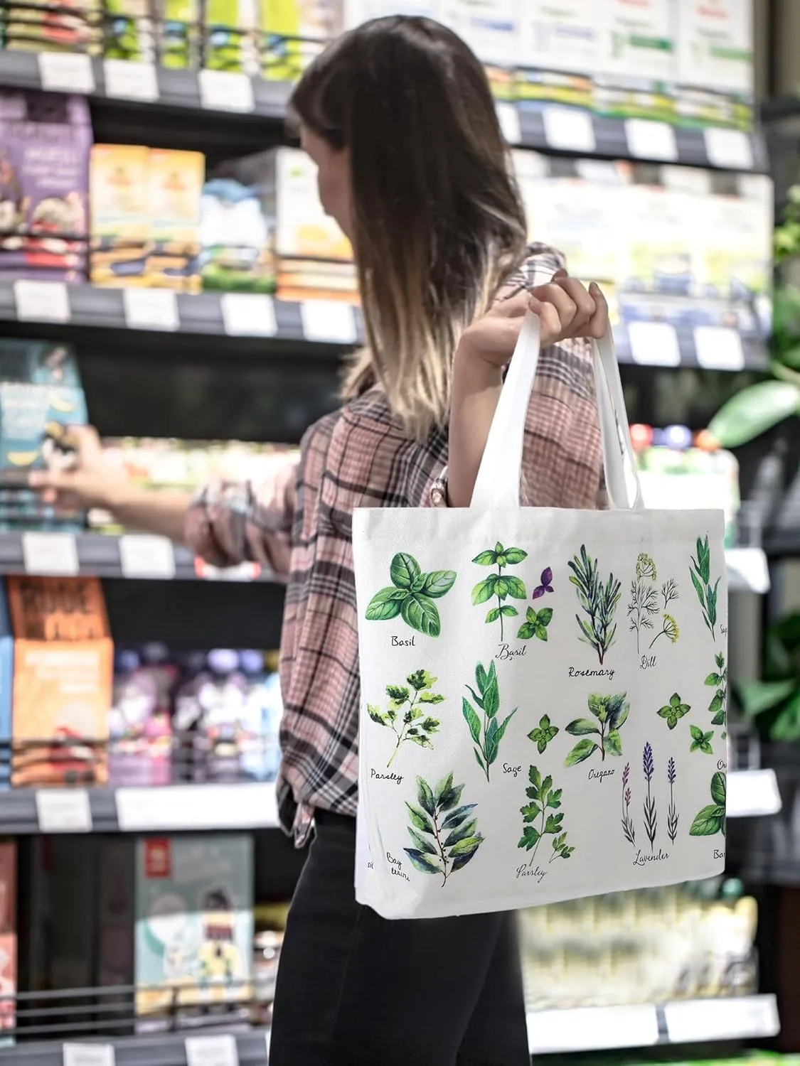 Bencailor 2 Pcs Floral Canvas Tote Bags Aesthetic Wildflower Herbs Plant Theme Reusable Grocery Bag for Women Gardening Gifts(Herbs)