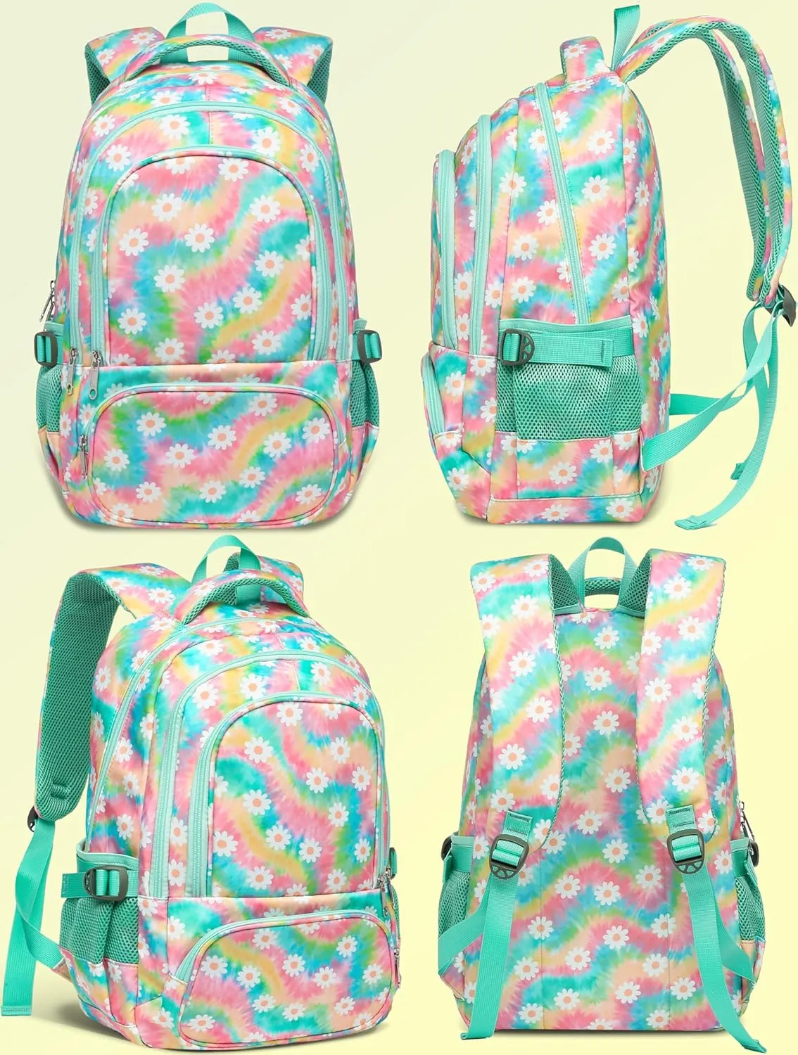BLUEFAIRY Kids Backpack for Girls Elementary Middle School Bag Bookbag for Teens Teenager Back to School Gifts17 Inch Mochilas Escolares para Nias Aged 8-10 Tie-dye Rainbow Daisy Flower Green