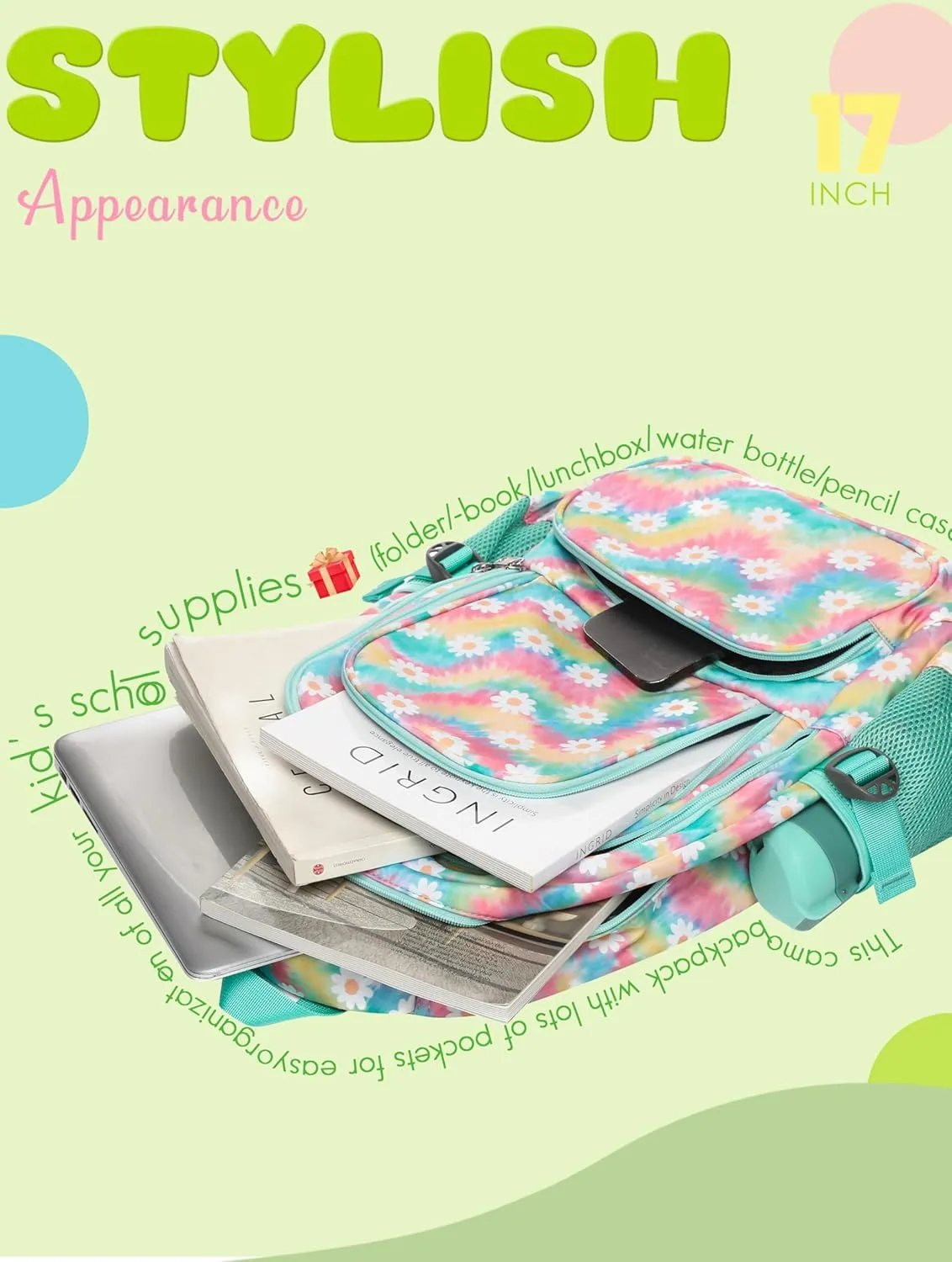 BLUEFAIRY Kids Backpack for Girls Elementary Middle School Bag Bookbag for Teens Teenager Back to School Gifts17 Inch Mochilas Escolares para Nias Aged 8-10 Tie-dye Rainbow Daisy Flower Green