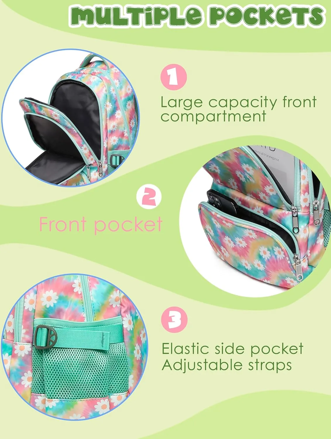 BLUEFAIRY Kids Backpack for Girls Elementary Middle School Bag Bookbag for Teens Teenager Back to School Gifts17 Inch Mochilas Escolares para Nias Aged 8-10 Tie-dye Rainbow Daisy Flower Green