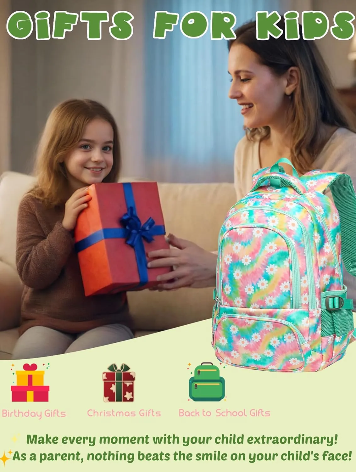 BLUEFAIRY Kids Backpack for Girls Elementary Middle School Bag Bookbag for Teens Teenager Back to School Gifts17 Inch Mochilas Escolares para Nias Aged 8-10 Tie-dye Rainbow Daisy Flower Green