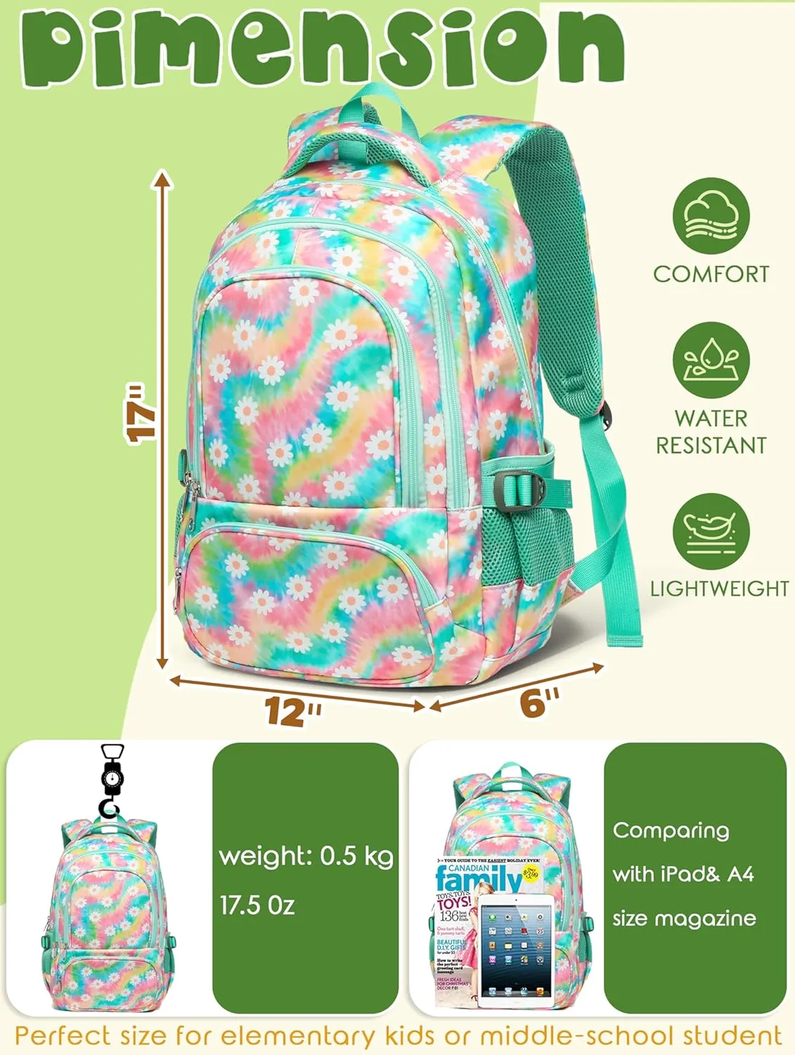 BLUEFAIRY Kids Backpack for Girls Elementary Middle School Bag Bookbag for Teens Teenager Back to School Gifts17 Inch Mochilas Escolares para Nias Aged 8-10 Tie-dye Rainbow Daisy Flower Green