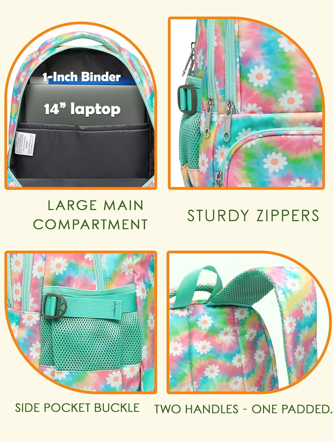 BLUEFAIRY Kids Backpack for Girls Elementary Middle School Bag Bookbag for Teens Teenager Back to School Gifts17 Inch Mochilas Escolares para Nias Aged 8-10 Tie-dye Rainbow Daisy Flower Green