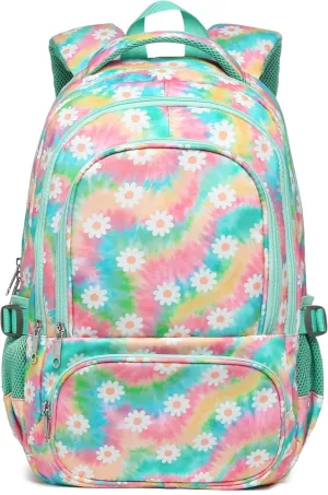 BLUEFAIRY Kids Backpack for Girls Elementary Middle School Bag Bookbag for Teens Teenager Back to School Gifts17 Inch Mochilas Escolares para Nias Aged 8-10 Tie-dye Rainbow Daisy Flower Green