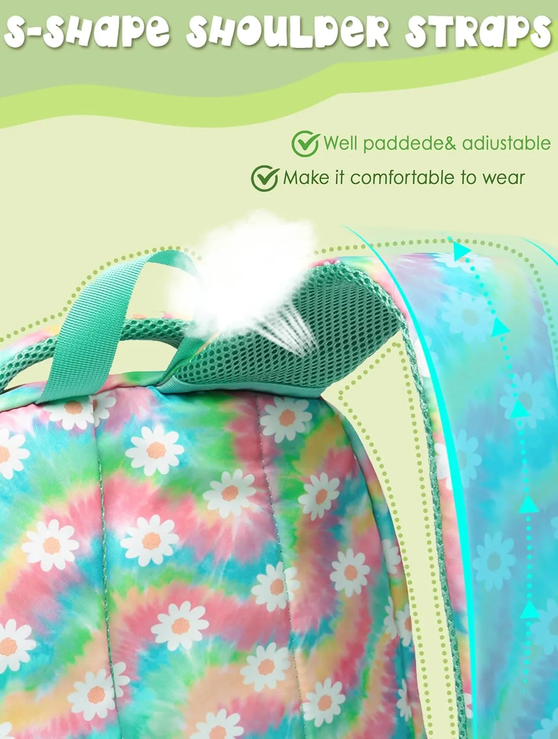 BLUEFAIRY Kids Backpack for Girls Elementary Middle School Bag Bookbag for Teens Teenager Back to School Gifts17 Inch Mochilas Escolares para Nias Aged 8-10 Tie-dye Rainbow Daisy Flower Green