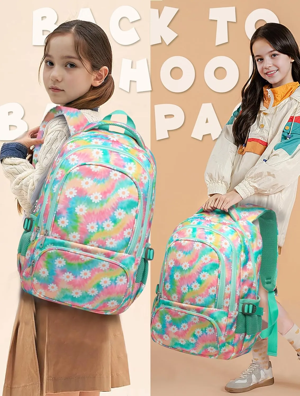 BLUEFAIRY Kids Backpack for Girls Elementary Middle School Bag Bookbag for Teens Teenager Back to School Gifts17 Inch Mochilas Escolares para Nias Aged 8-10 Tie-dye Rainbow Daisy Flower Green