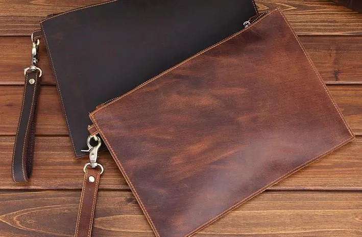 Brown MENS LEATHER SLIM ZIPPER CLUTCH WRISTLET PURSE CLUTCH BAGs FOR MEN