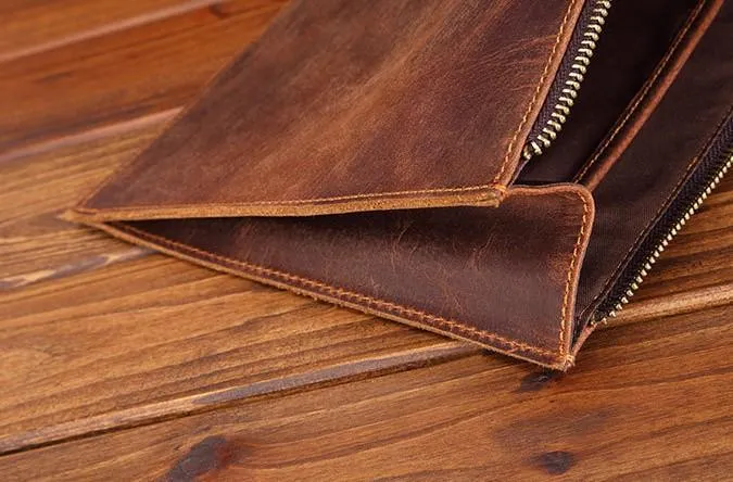 Brown MENS LEATHER SLIM ZIPPER CLUTCH WRISTLET PURSE CLUTCH BAGs FOR MEN