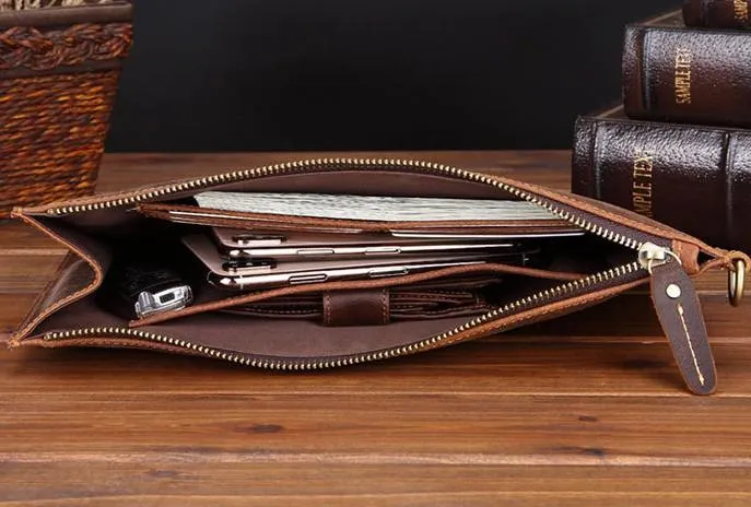 Brown MENS LEATHER SLIM ZIPPER CLUTCH WRISTLET PURSE CLUTCH BAGs FOR MEN