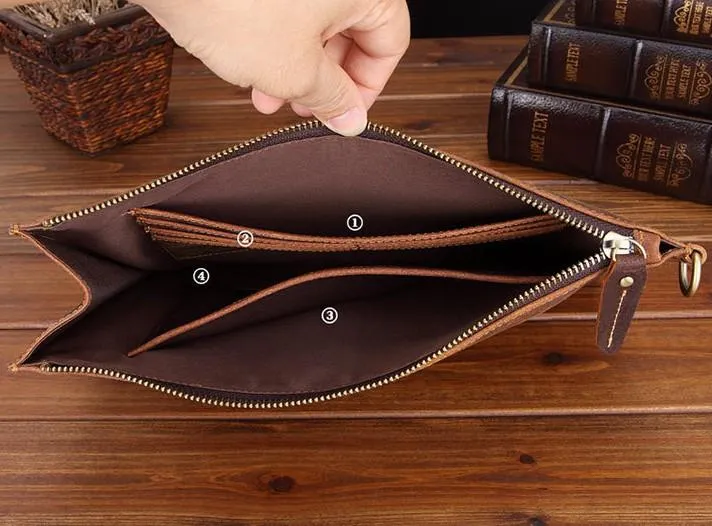 Brown MENS LEATHER SLIM ZIPPER CLUTCH WRISTLET PURSE CLUTCH BAGs FOR MEN