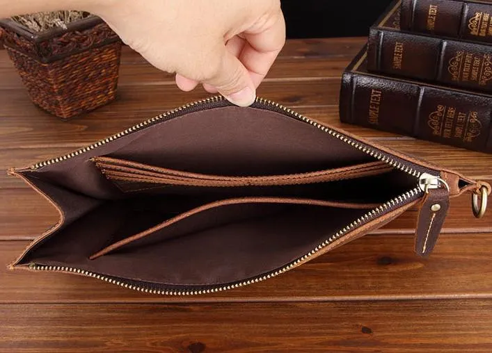 Brown MENS LEATHER SLIM ZIPPER CLUTCH WRISTLET PURSE CLUTCH BAGs FOR MEN