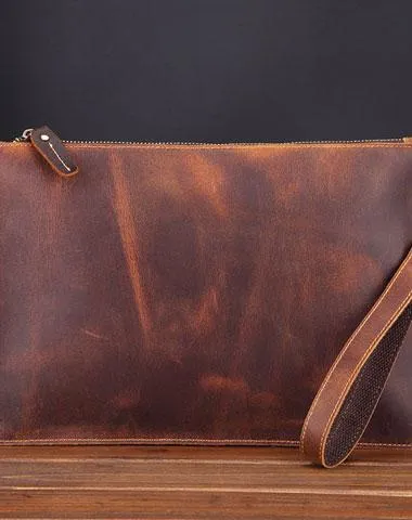 Brown MENS LEATHER SLIM ZIPPER CLUTCH WRISTLET PURSE CLUTCH BAGs FOR MEN