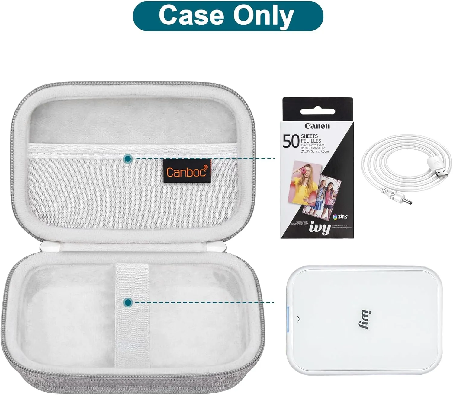 Canboc Carrying Case for Canon Ivy 2/ Canon Ivy/Canon Ivy CLIQ 2 CLIQ 2 Mini Photo Printer Mobile Wireless Bluetooth Instant Camera Printer, Mesh Bag fit Photo Paper Cable, Grey
