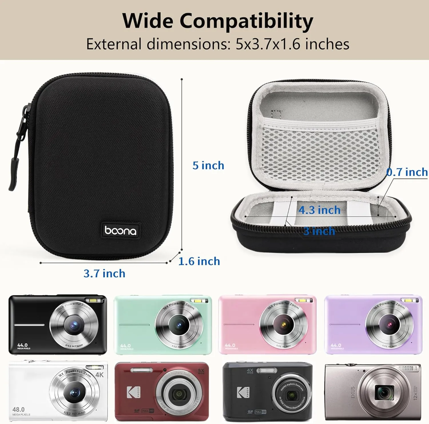Digital Camera Case for CAMKORY, KODAK PIXPRO FZ45/FZ55, Canon IXUS 285 HS, Lecran, Small Travel Compact Camera Holder with Mesh Pocket for Accessories SD Card (Black-Oxford)