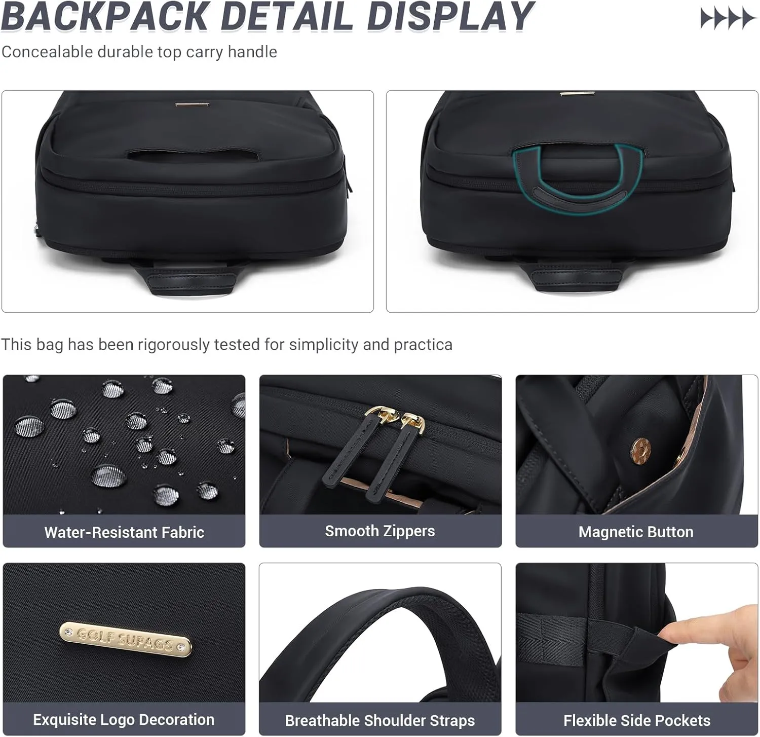 GOLF SUPAGS Women Laptop Backpack Fits 15.6 Inch Notebook Casual Daypack Everyday Bag for Work Travel College Backpack Book Bags (Black)