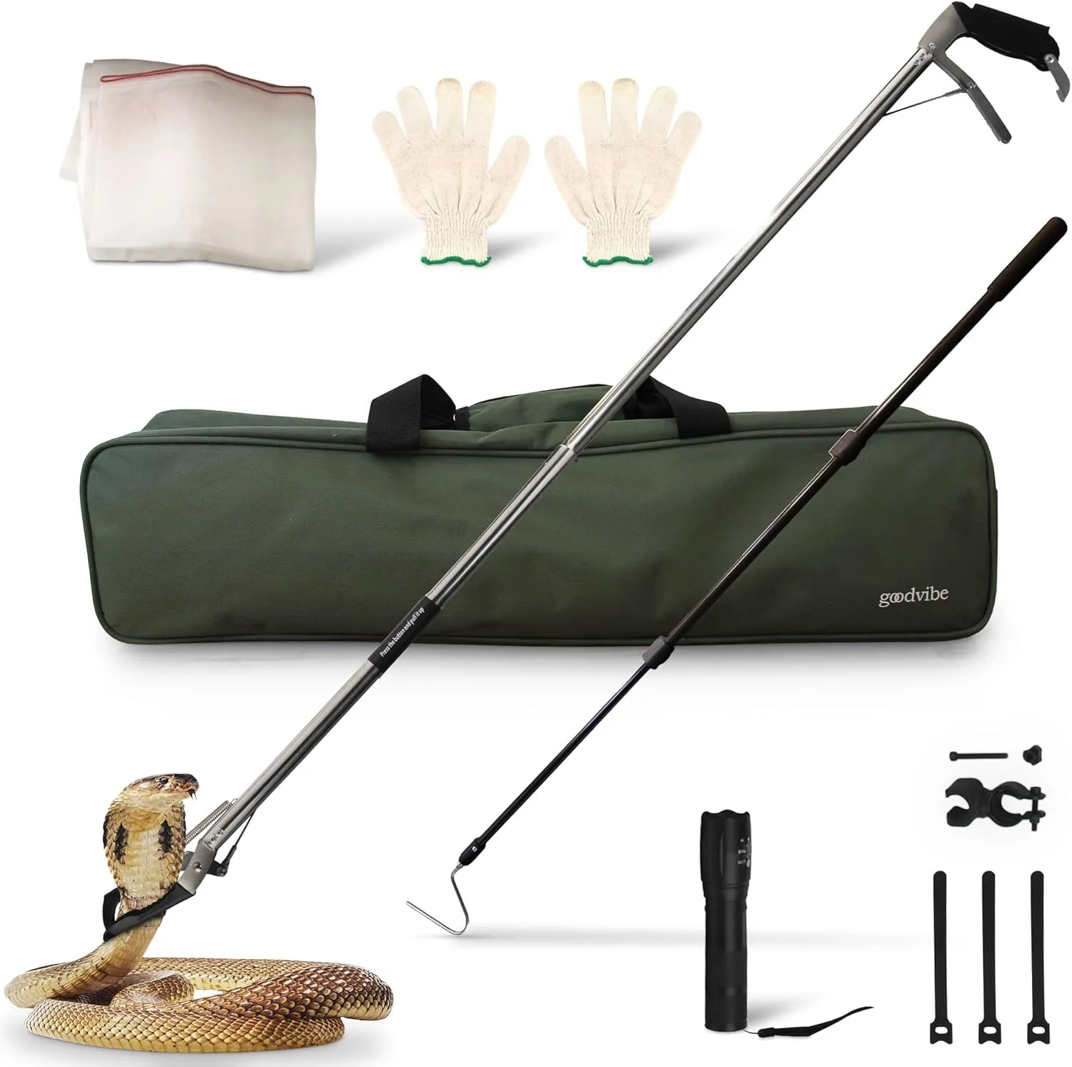 goodvibe Snake Grabber Tool Kit  6-Piece Set with 47" Snake Tongs, Hook, LED Light, Gloves & Waterproof Bag | Snake Handling Tools for Catching Rattlesnakes, Reptiles, Snakes & Snake Control