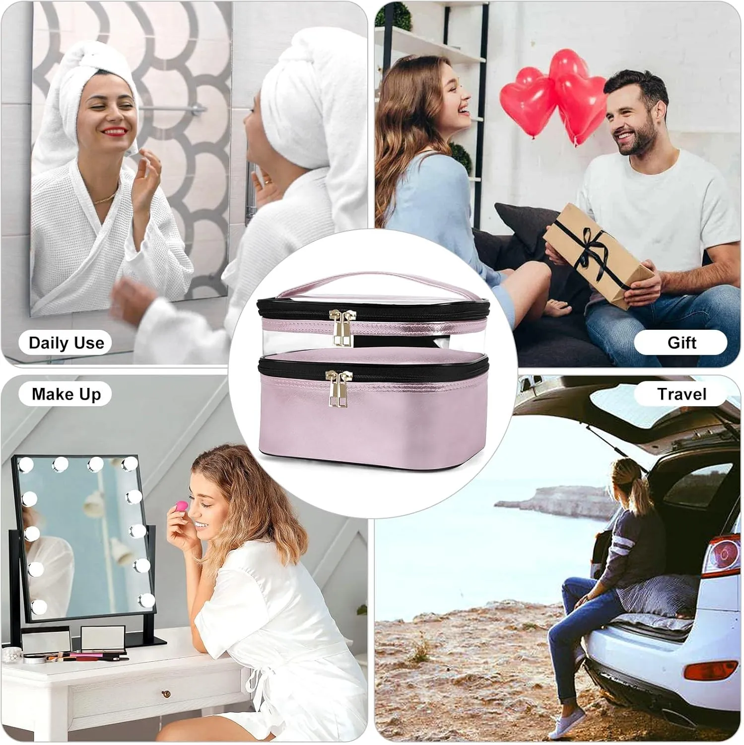 HUA ANGEL Double-layer Cosmetic Bag Travel Makeup Bag for Women Leather Cosmetic Case Portable Travel-Size Toiletry Organizer