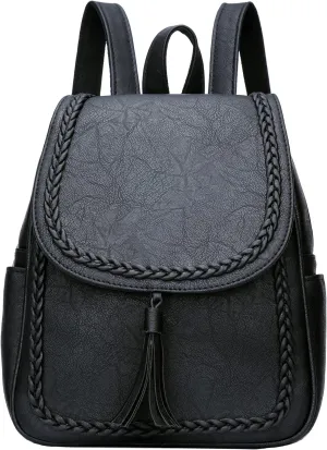 KKXIU Fashion Small Synthetic Leather Backpack Purse For Women and Ladies with Tassel (Black)