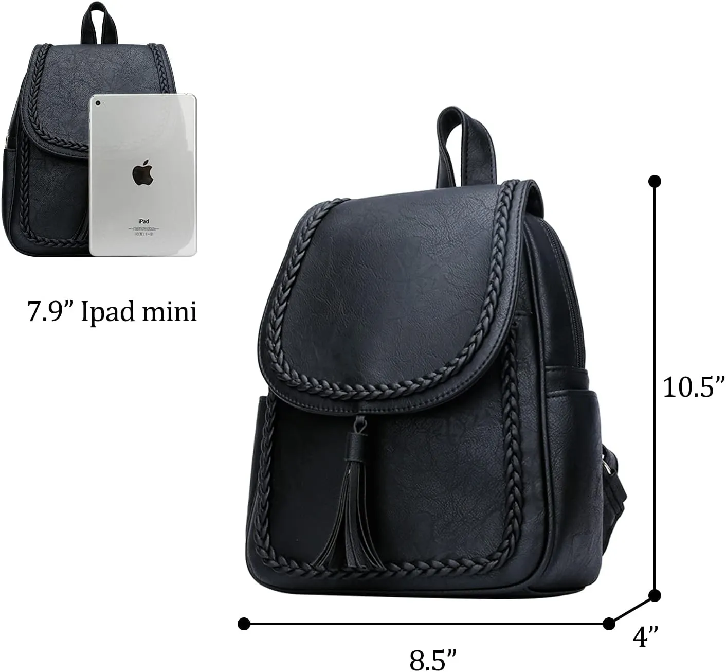 KKXIU Fashion Small Synthetic Leather Backpack Purse For Women and Ladies with Tassel (Black)