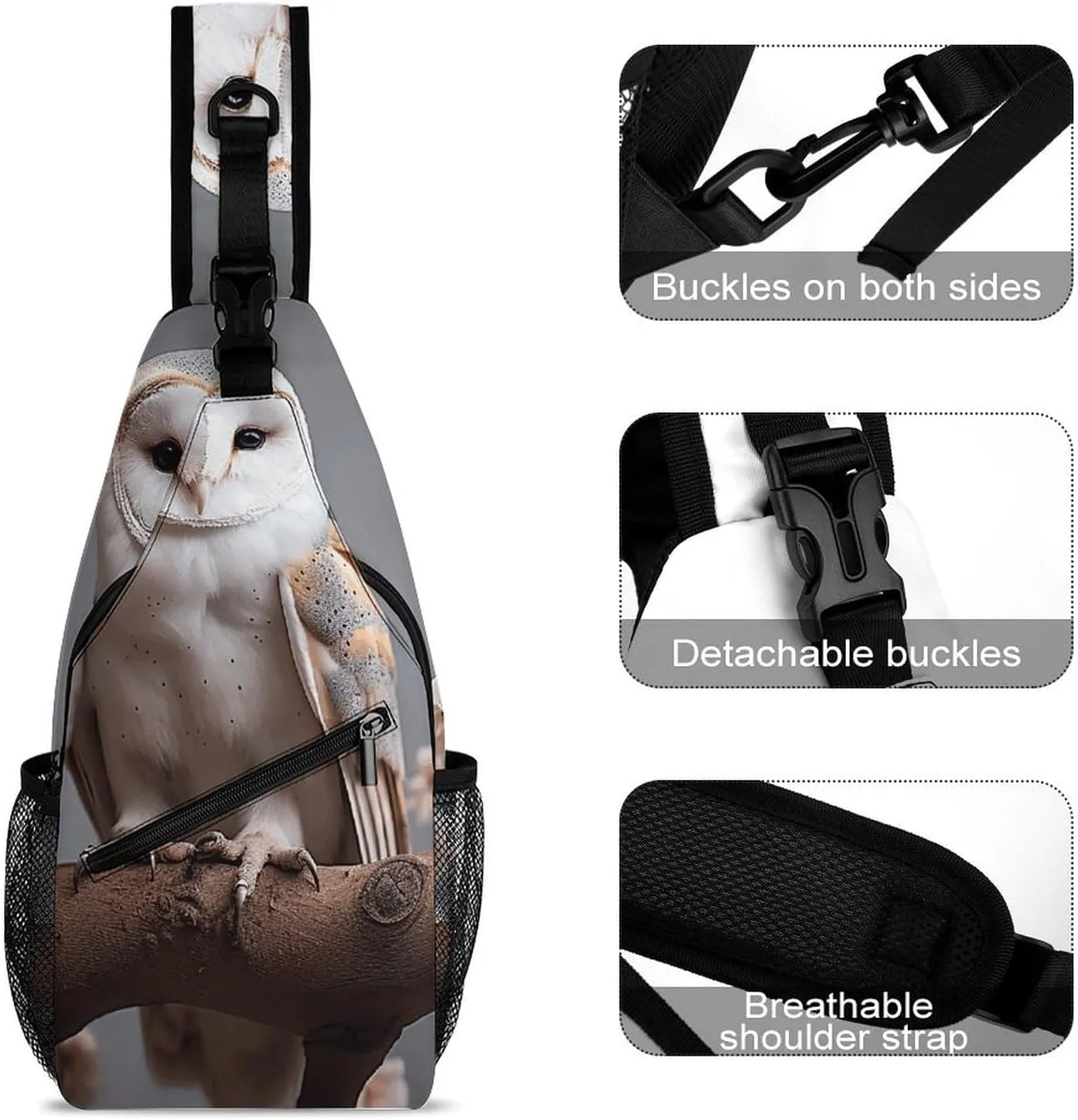 Lightweight Chest Bag Crossbody Bag A Small White Barn Owl Sling Backpack for Women Men Sports Travel