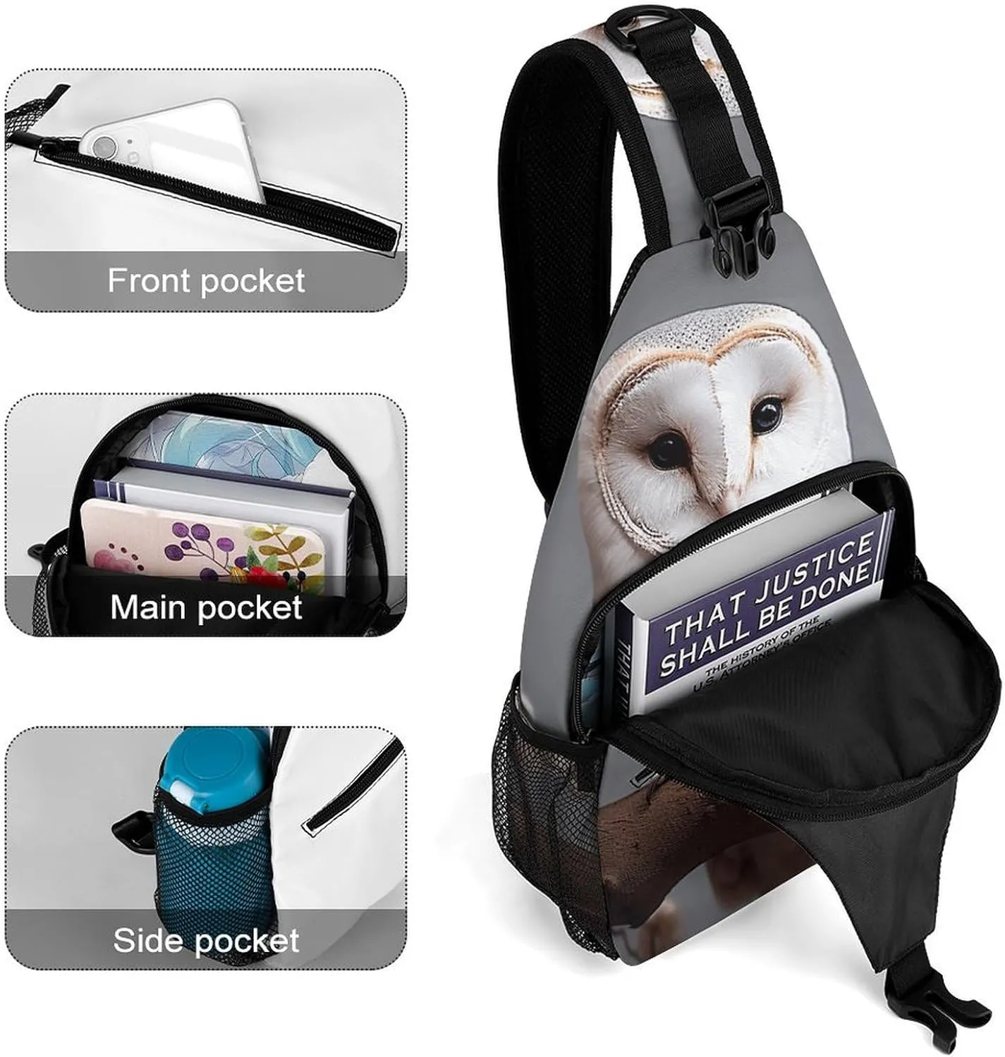 Lightweight Chest Bag Crossbody Bag A Small White Barn Owl Sling Backpack for Women Men Sports Travel