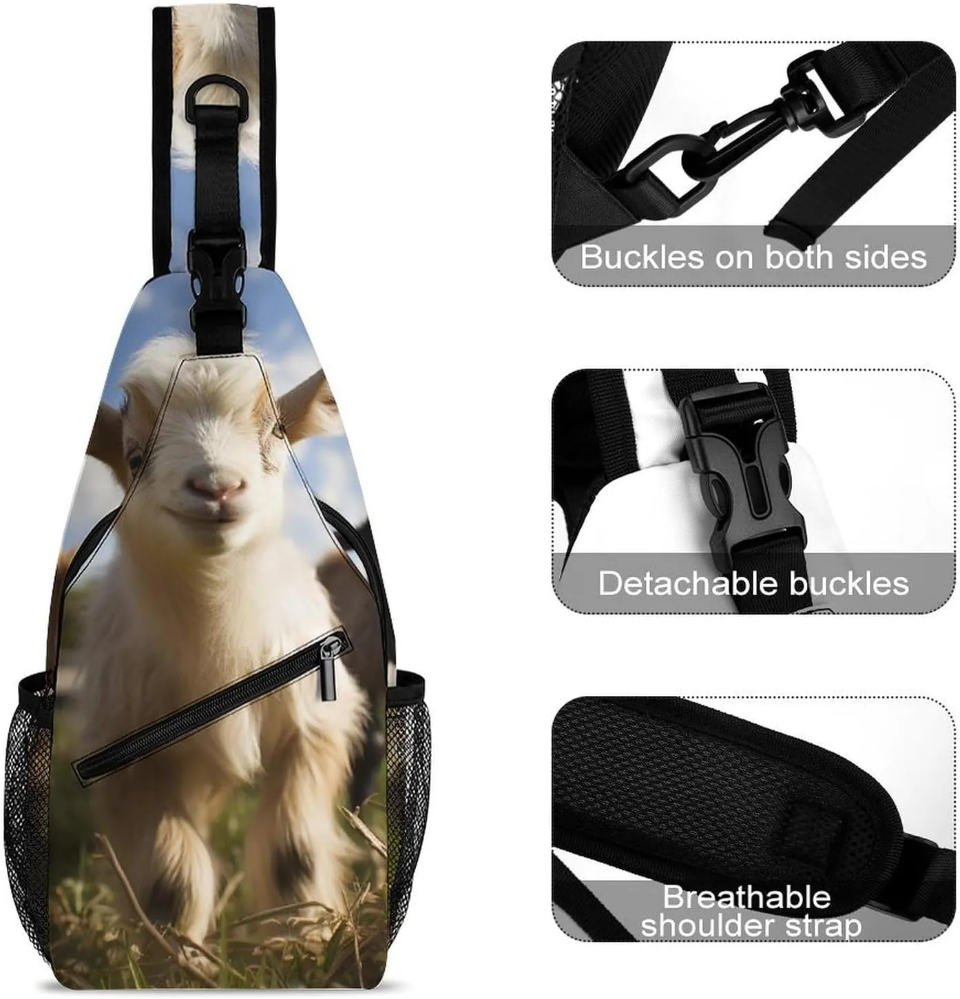 Lightweight Chest Bag Crossbody Bag Cute Goat Sling Backpack for Women Men Sports Travel