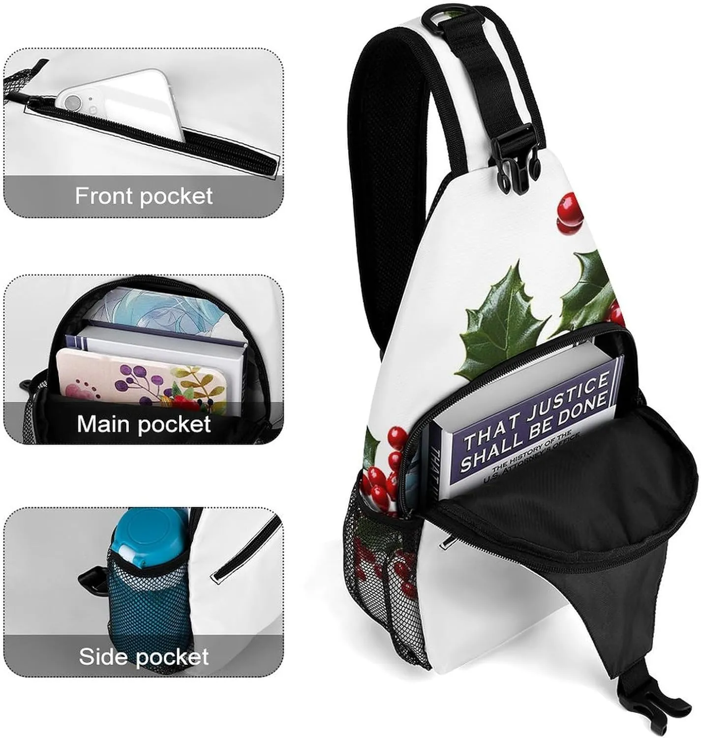 Lightweight Chest Bag Crossbody Bag Holly Berry Branches Sling Backpack for Women Men Sports Travel