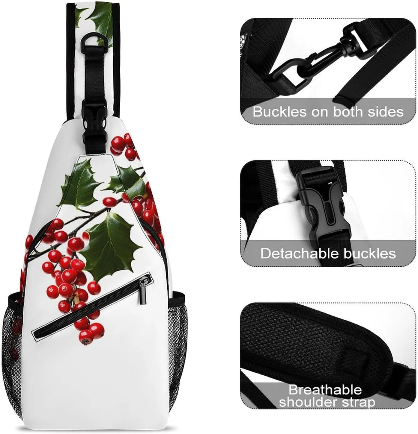 Lightweight Chest Bag Crossbody Bag Holly Berry Branches Sling Backpack for Women Men Sports Travel