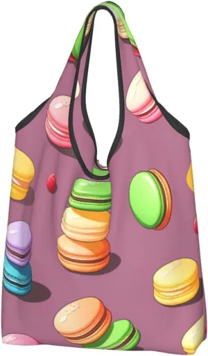 Lightweight Compact Tote Shopping Bag 50Lbs Foldable Washable Fashion Reusable Shopping Bags Macaron Biscuit Flavored Pastries Print
