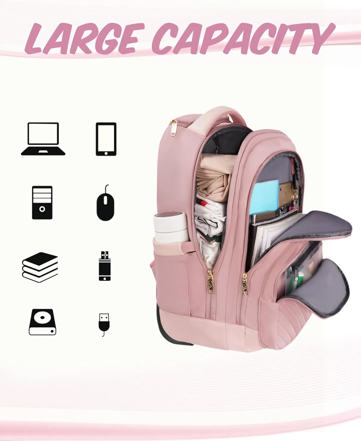 MATEIN Rolling Backpack for Women, 17 Inch Travel Laptop Backpacks with Wheels, Large Carry On Business Luggage Roller Backpack, Waterproof Trolley Suitcase Overnight College Work Computer Bag, Pink