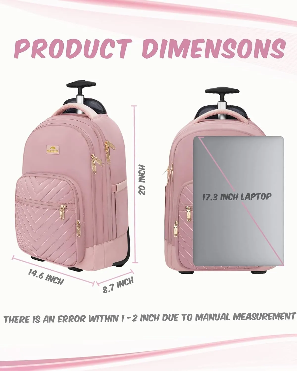 MATEIN Rolling Backpack for Women, 17 Inch Travel Laptop Backpacks with Wheels, Large Carry On Business Luggage Roller Backpack, Waterproof Trolley Suitcase Overnight College Work Computer Bag, Pink