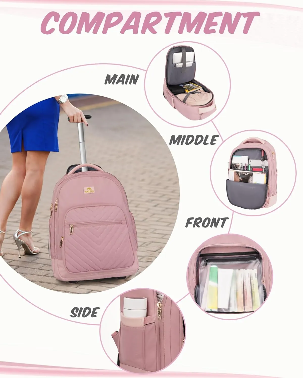 MATEIN Rolling Backpack for Women, 17 Inch Travel Laptop Backpacks with Wheels, Large Carry On Business Luggage Roller Backpack, Waterproof Trolley Suitcase Overnight College Work Computer Bag, Pink